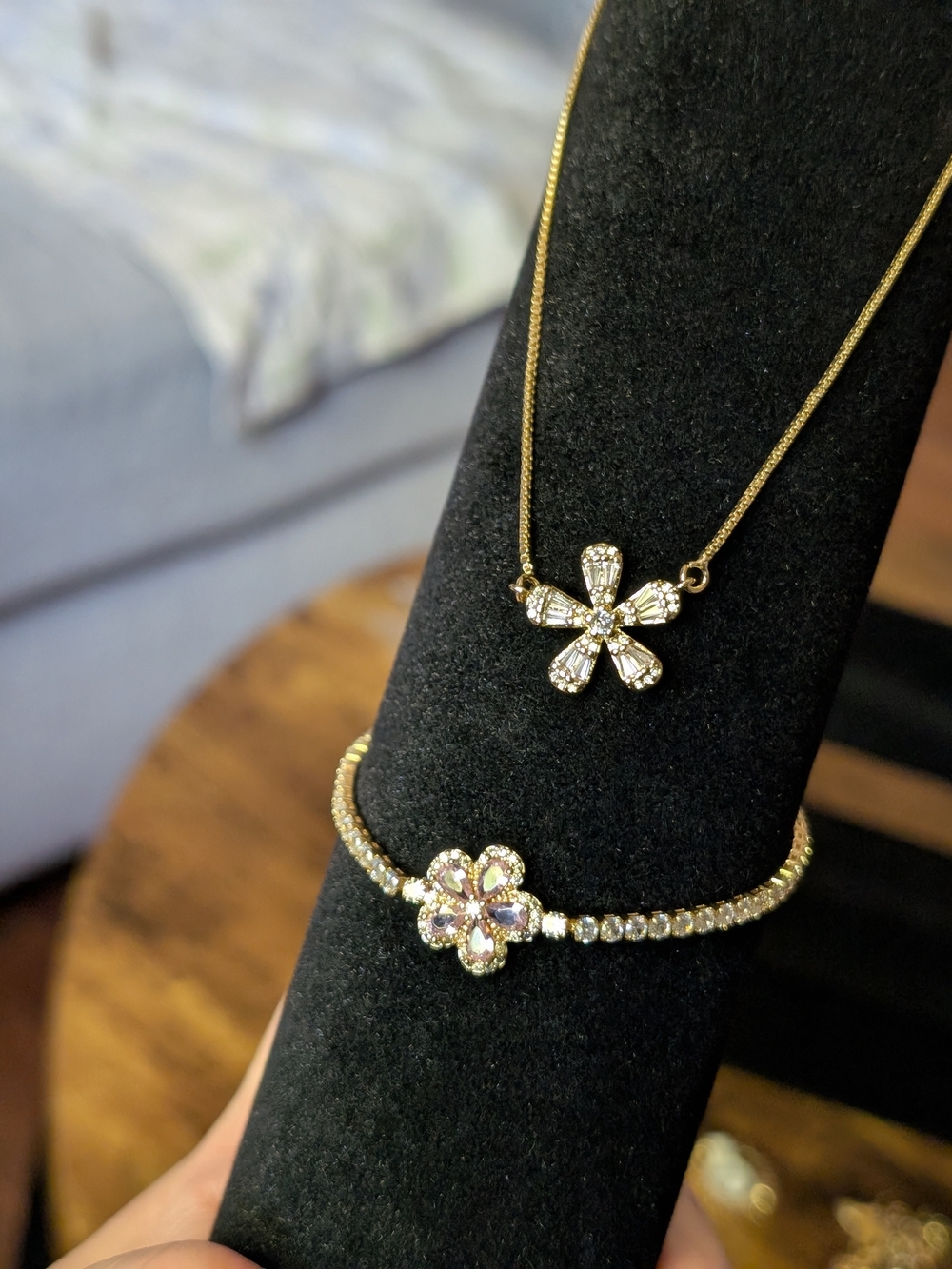 Gold Flower Pendant Necklace and Bracelet Set with Clear Crystals